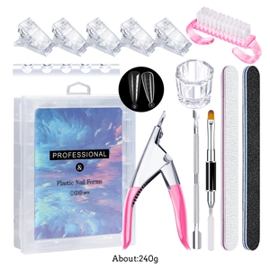 Complete nail extension kit with 120pcs clear molds, dual-end pen, clips, and file tools