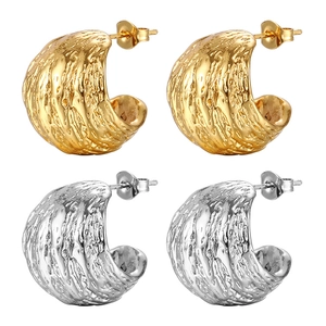 Textured 18K gold and silver stainless steel C-shaped hoop earrings in a 2-pack set