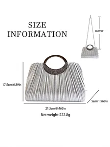 Elegant pleated evening clutch bag with size details and 60cm silver chain strap