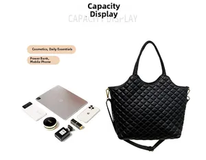 Quilted tote bag showing large capacity with tablet, smartphone, and cosmetics