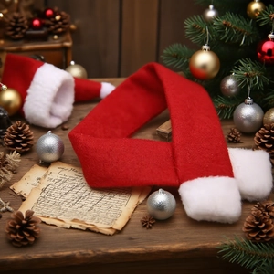 Set decorativo natalizio per bottiglie con sciarpa e cappello rossi su legno rustico