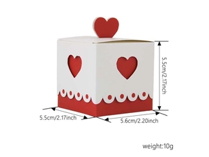 Red and white square wedding favor box with heart cutouts and dimensions 5.5cm x 5.6cm