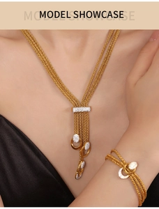 Close-up of gold-plated titanium multi-layer necklace and bracelet set with rhinestones