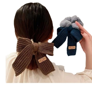 Chic knitted bow hair scrunchies with bear patch in brown and navy blue colors