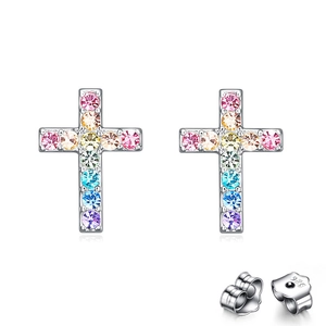 Detailed macro view of S925 sterling silver cross stud earrings with rainbow gemstones