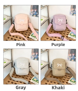 Detailed grid view of compact crossbody bags with bow embroidery in four pastel colors