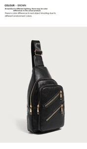 Detail view of the pebbled PU leather chest bag with golden zippers and adjustable strap