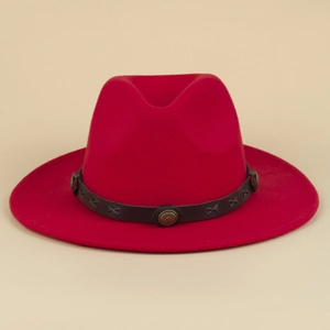 Classic red wool fedora with bohemian leather band and vintage bronze petal buckle