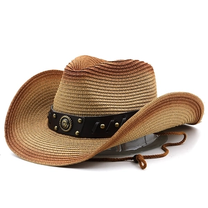 Classic western gradient straw cowboy hat with studded leather band and metal badge