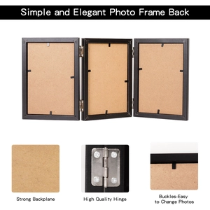 Detail view of the metal hinges and rotary clips on the 3-frame wooden photo frame