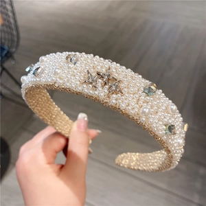 Elegant wide pearl headband with mermaid crystals and stars for women hair accessory