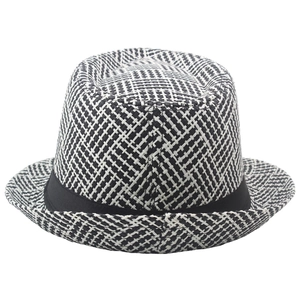 Detail of breathable black and white weave straw fedora hat with black ribbon band
