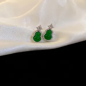 New Chinese style emerald gourd earrings with cubic zirconia in silver setting