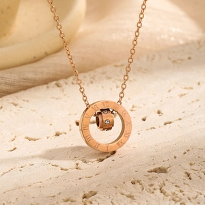 Rose gold titanium steel necklace with double interlocking Roman numeral circles