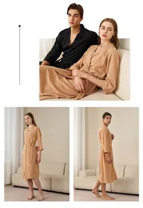 Detailed views of breathable waffle knit bathrobes for men and women in various colors