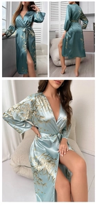 Detail of light blue floral ice silk bathrobe featuring V-neck and elegant tie waist