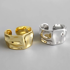 Minimalist Copper Irregular Hammered Open Ring For Women Gold Silver Plated Molten Surface Wide Band Geometric Fashion Jewelry