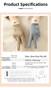 Size guide for thermal gloves showing palm measurement and touchscreen fabric details
