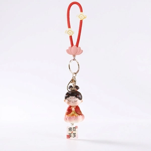 Traditional Chinese style lotus girl keychain with red silicone strap and PVC figurine