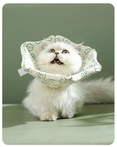 Adjustable floral pet Elizabethan collar shown on a white long-haired cat for comfort