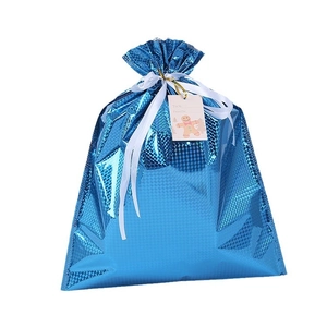 Blue metallic foil Christmas gift bag with honeycomb pattern and white ribbon drawstring