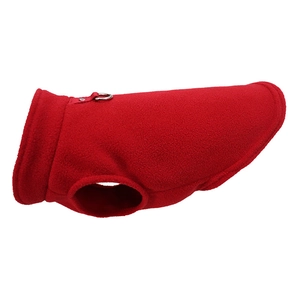 Red polar fleece pet vest with metal D-ring for leash attachment on white background