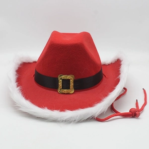 Festive red Christmas cowboy hat with white faux fur trim and gold buckle detail
