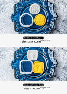 Detailed view of Santa and envelope cookie molds with size dimensions for DIY baking