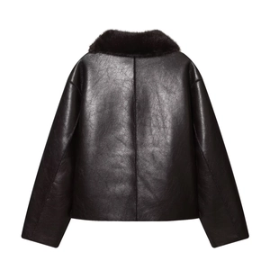 Faux leather reversible jacket for women featuring premium dark brown finish and fur collar