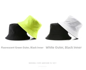 Detail of reversible bucket hats in neon green, black, and white colors with stitching