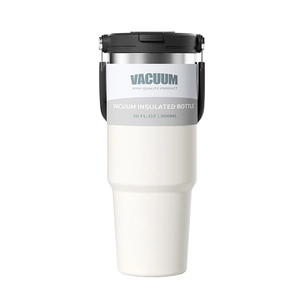 30oz White vacuum insulated stainless steel tumbler with handle and black lid