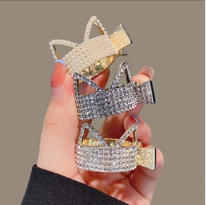 Three elegant crown ponytail hair clips with shiny pearls and rhinestones on alloy base