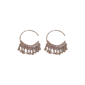 Silver C-shaped metal tassel earrings with water drop pendants in minimalist style