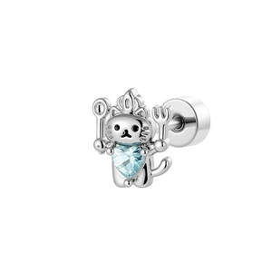 Cute silver cat chef ear stud with light blue heart-shaped gem and screw back closure