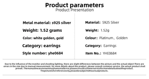 Specifiche dettagliate degli orecchini in argento S925 inclusi peso e colori disponibili