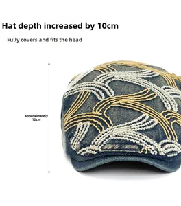 Detail of dark blue denim beret with wave embroidery and 10cm depth feature