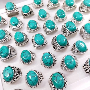 Vintage silver alloy rings set with oval turquoise stones in bohemian ethnic style