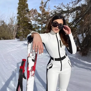Combinaison De Ski Femme Une Pièce Imperméable Coupe-vent Couleur Contrastée Ajustée Jumpsuit Sport D'Hiver Extérieur Avec Ceinture