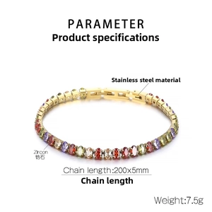Macro detail of a 200x5mm stainless steel tennis bracelet with multi-colored zircons