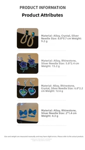 Detailed size specifications for gold chain, rose stud, and blue heart drop earrings
