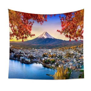 Detail of Mount Fuji tapestry featuring red maple leaves and serene lake landscape