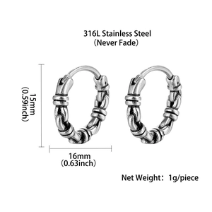 Retro 316L stainless steel hoop earrings with relief woven texture and 15mm diameter