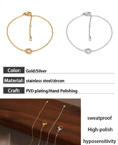 Macro detail of teardrop zircon bracelet in gold and silver stainless steel finish
