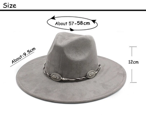 Dimensions détaillées du chapeau fedora gris en suédine avec annotations de taille