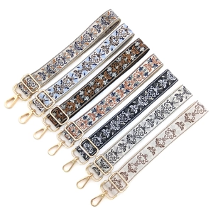 Adjustable colorful floral jacquard shoulder strap with golden metal hooks for handbags