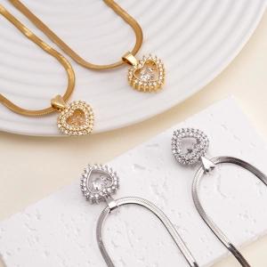 Sparkling heart pendant necklace with cubic zirconia on elegant flat snake chain set