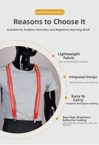 Detail of orange LED reflective safety suspenders with adjustable metal clips and 3D cut