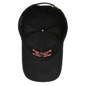 Oversized black cotton baseball cap with red letter embroidery and adjustable metal buckle