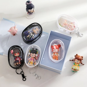 Detail of high transparency PVC display pouches for mini figures with sleek zippers