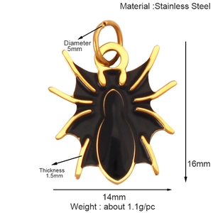 Detailed technical drawing of a black and gold spider pendant with specific measurements
